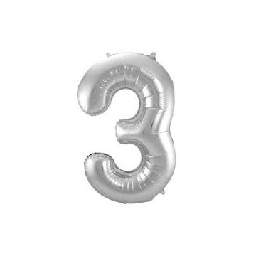 Opblaascijfer 3 zilver, 86 cm